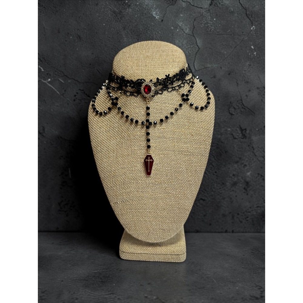 Gothic Lace Choker Necklace Black Red Coffin Charm Beaded Drape